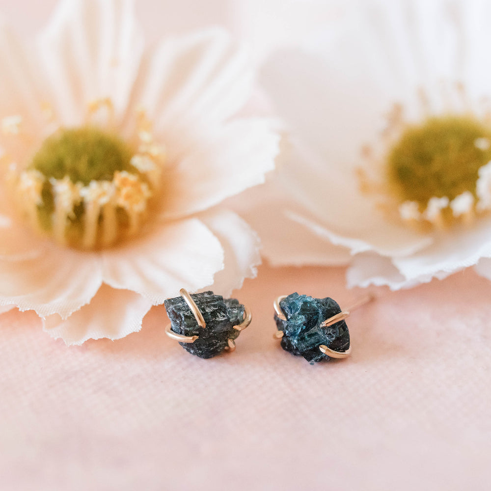 Raw blue-green sapphire gemstone stud earrings