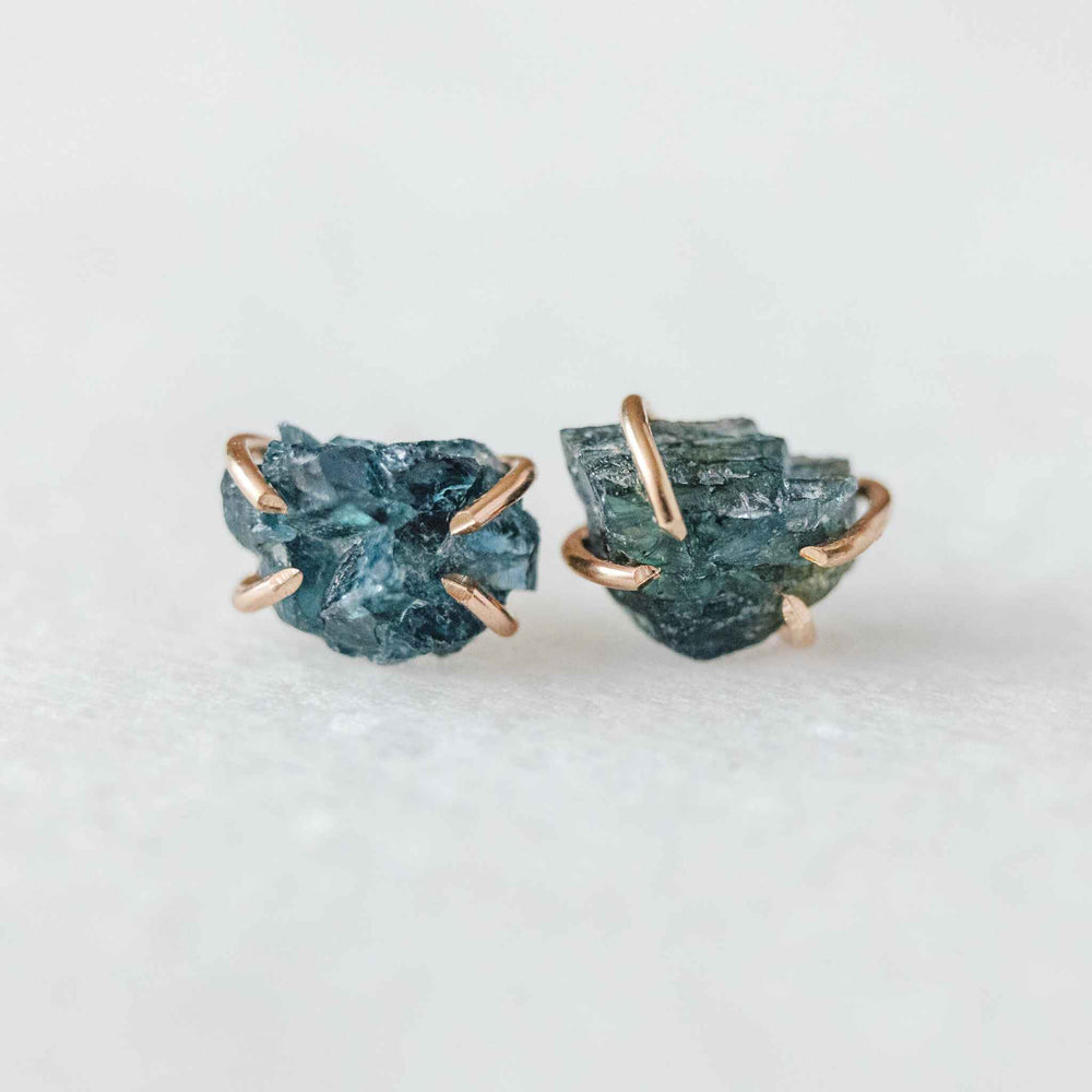 Raw blue-green sapphire gemstone stud earrings