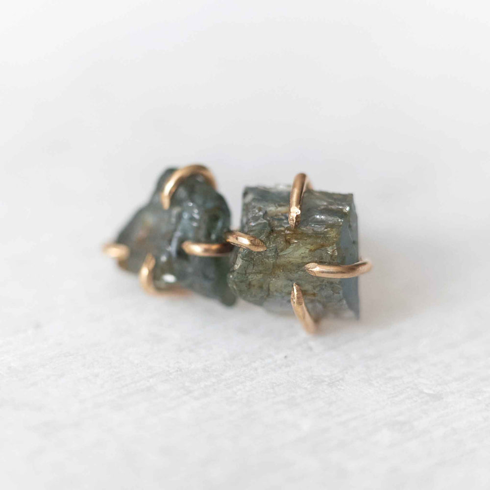 Raw teal sapphire gemstone stud earrings